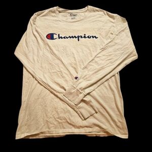 Champion Men's Long Sleeve Logo Tee - Cream with Navy & Red Accent